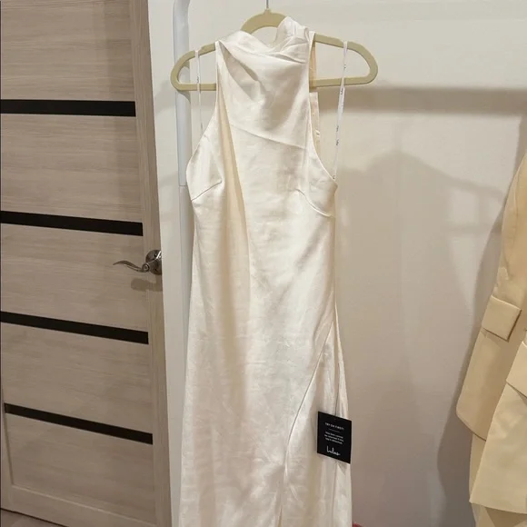 Satin High-Neck Midi Dress with Side Slit - Ivory - Picture 5 of 5